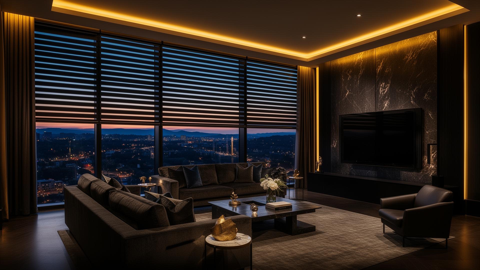 Luxury Nashville living room with motorized zebra blinds
